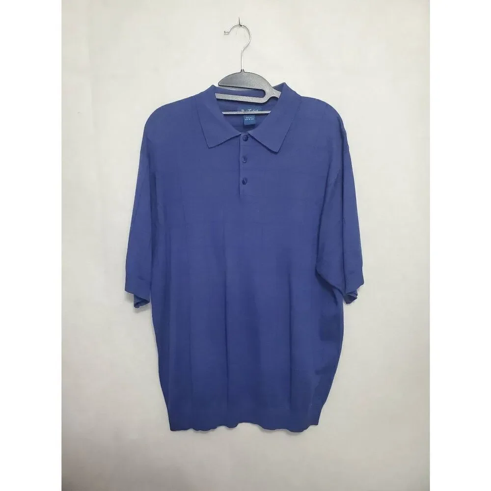 Paul Fredrick 100% Silk Banded Hem Window Pane Navy Blue Men's Polo Shirt